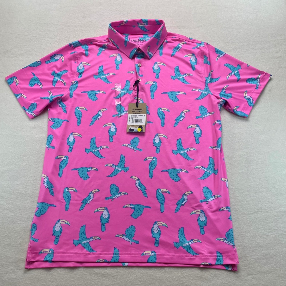 Chubbies Performance Polo 2.0 Mens Large Pink Toucan Do It Bird Print Shirt NEW